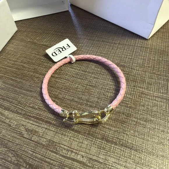 Pink Braided Leather Bracelet with Diamond-Encrusted Gold Clasp - Picture 4 of 8